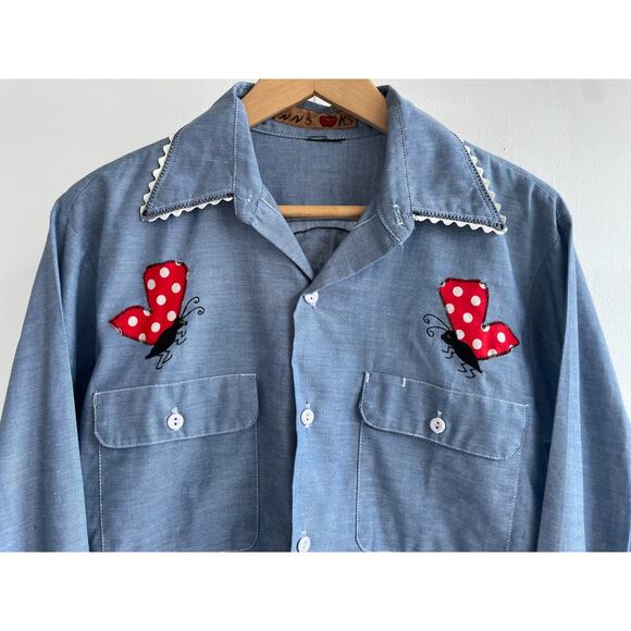 Vtg 70's Holly Hobbie Chambray Button Up Shirt Applique Butterfly Cottagecore - Picture 6 of 8
